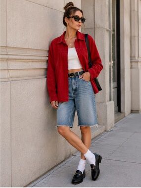 Vintage Red Suede Button-Up Jacket -Small
